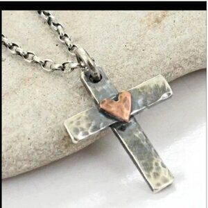 Silver Antiqued Cross Hammered Metal Necklace